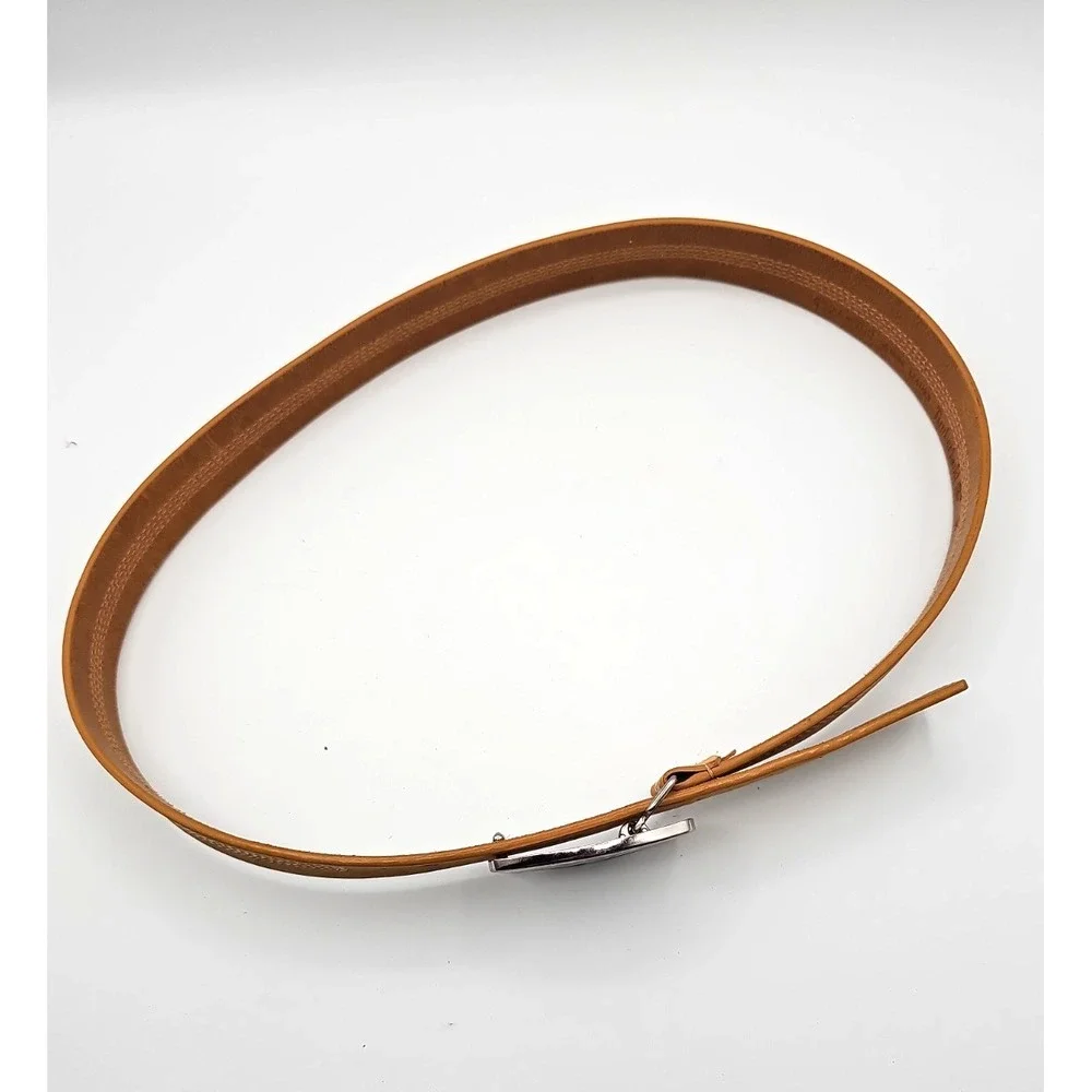 Vintage Timberland Women's Leather Belt Embossed Silver Enamel Buckle 38-42
